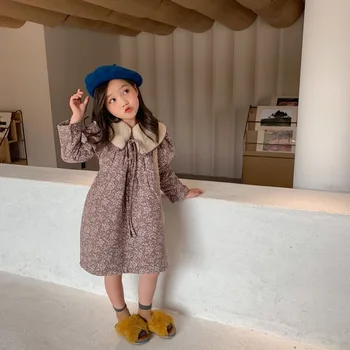 

2020 Winter New Children Girl Long Sleeve Floral Thick Cotton Princess Dresses Toddler Kids Wool Collar Removable Cotton Dress