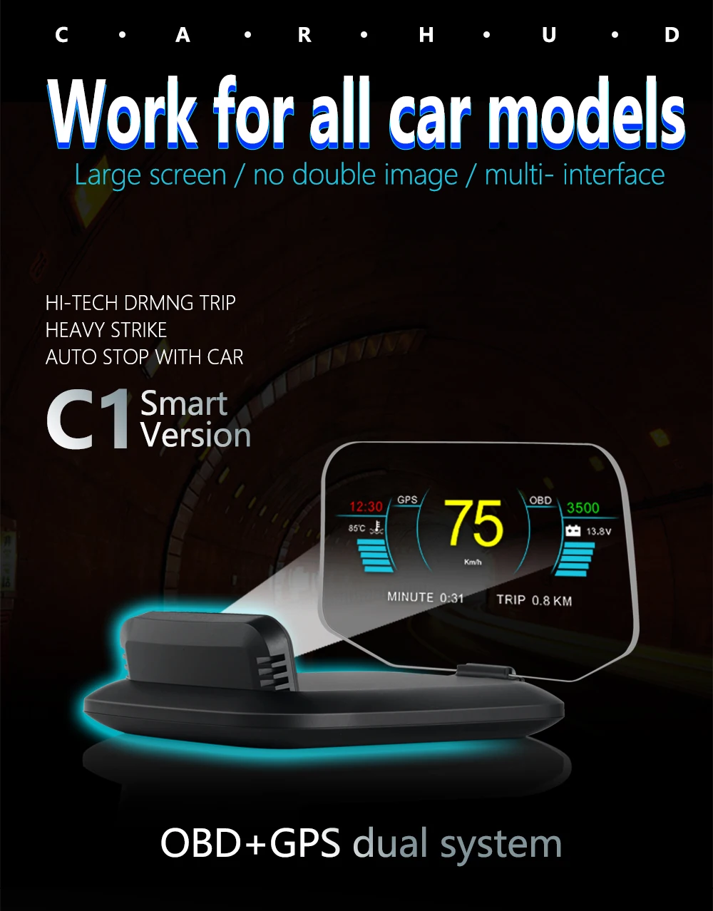 Авто HUD Дисплей Автомобильный gps HUD сигнализация превышения скорости C1 лобовое стекло проектор Спидометр OBD Автомобильный дисплей безопасности