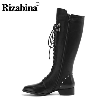 

RIZABINA Real Leather Knee High Boots Women Zipper Cross Strap Knight Boots High Quality Shoes Women Long Boots Size 34-43