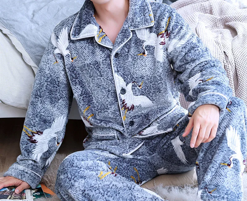 H5913 Молодежный пижамный комплект для мужчин, утолщенная фланелевая теплая одежда для сна, осенне-зимняя мужская одежда с длинными рукавами, большой размер, теплая домашняя одежда - Цвет: StyleE