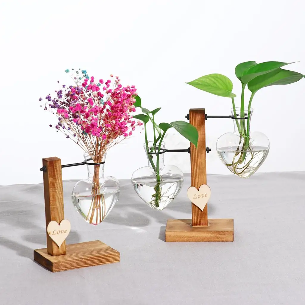 Glass Tube Vase Wooden Stand Flower Pots Hydroponic Plant Home Garden Decoration 