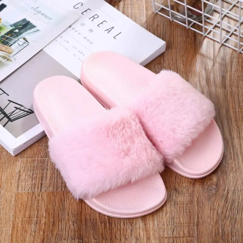 

Women Winter Slippers Platte Pluche Schoenen Mode Dames Flip Flops Casual Fluffy Faux Fur Pluche Slippers Schoenen for Bedroom