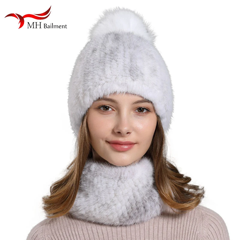 Настоящая роскошная норковая вязаная шапка шарф женский высококлассный натуральный мех шапка Дамская зимняя вязаная модная теплая шапка набор бандан 56