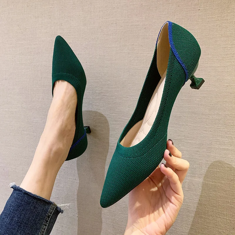 Ballet High Heels Women's 2021 New Spring Knitted Thin Heel Pointed Shallow Mouth Cat Heel Woven Shoes Flying Woven High Heels 3