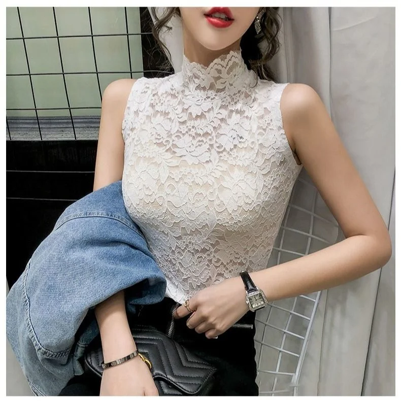 New Women Wear Spring And Summer Stand Collar Lace Sleeveless Sweater Vest Tops 3