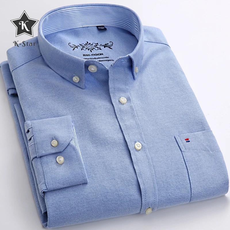 

K-Star Mens Long Sleeve Solid Oxford Dress Shirt With Left Chest Pocket High-quality Male Casual Tops Button Down Shirts