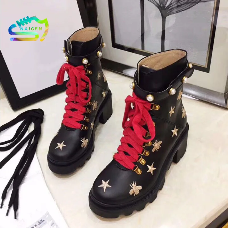 

NAICEN Women's Boots Casual Winte Boots Luxury Brand Shoes Bees Stars Female Shoes High Quality Sneakers Lace Up Fur Boots
