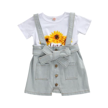 

Fashion Toddler Baby Girl Summer Clothes Short Sleeve Sunflower T shirt Tops+Suspender Skirt Casual 2PCS Outfit Set