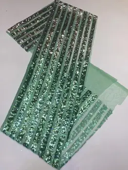 

2020 Wholesale luxury quality African chiffon lace fabric with sequins 5 yards emerald green sequins lace fabric YYZ213