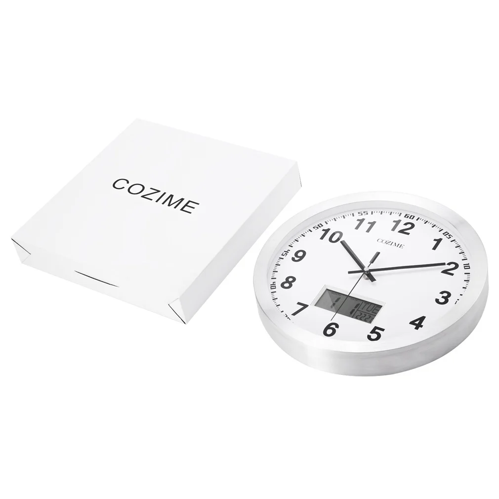 

12 Inch Decorative Round Wall Clock With LCD Multi-function Display PVC Clock Face Acrylic Mirror Aluminum Silvery Frame