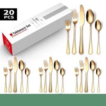 

20pcs Gold Tableware Cutlery Dinner Set Cutlery Sets Dishes Knives Forks Spoons Western Kitchen Dinnerware Stainless Steel
