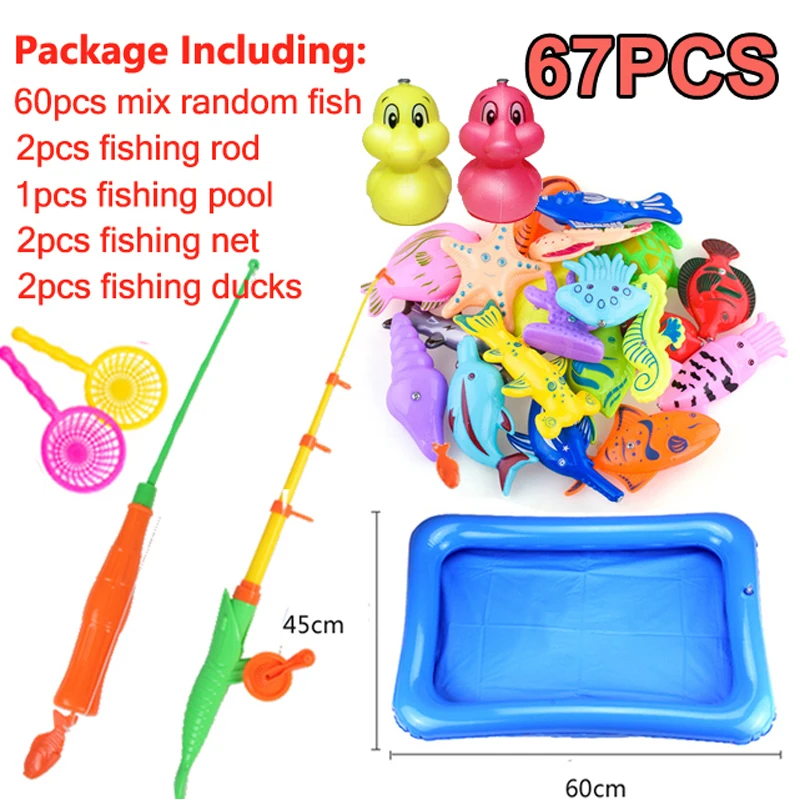 67pcs Baby Swimming Pool Magnetic Fishing Toy Set Fishing Ducks Game with Inflatable  Pool Net Rod House Toys for Kids - Realistic Reborn Dolls for Sale