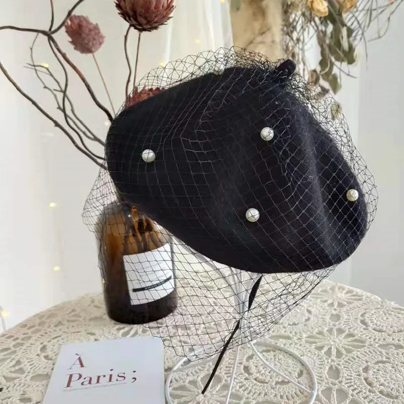 Chic Wool Blend Vintage London Beret With Veil Mesh Show Double Layer Women Beret Beanies Cap For Ladys Banquet