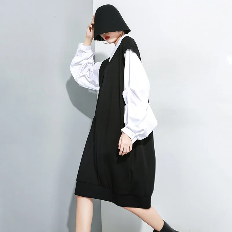 [EAM] женское черное платье контрастного цвета, новинка, v-образный вырез, длинный рукав-фонарик, свободный крой, мода весна-осень 1H151