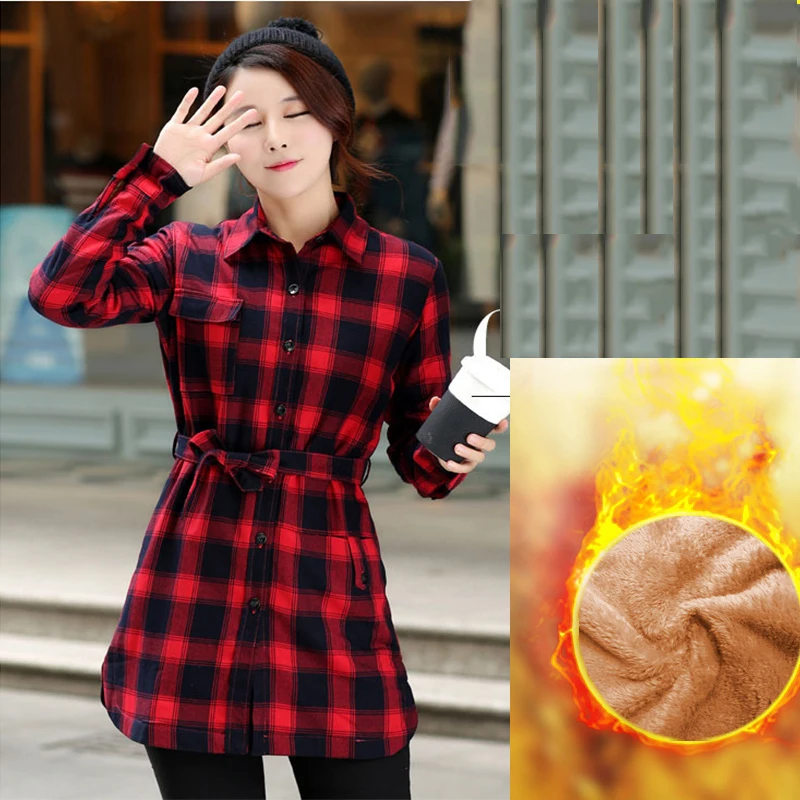 

Thick Flannel Red Plaid Shirt Womens Slim Cotton Pocket Sash Long Plaid Shirt Female Velvet Warm Winter Blouse Women Check Tops