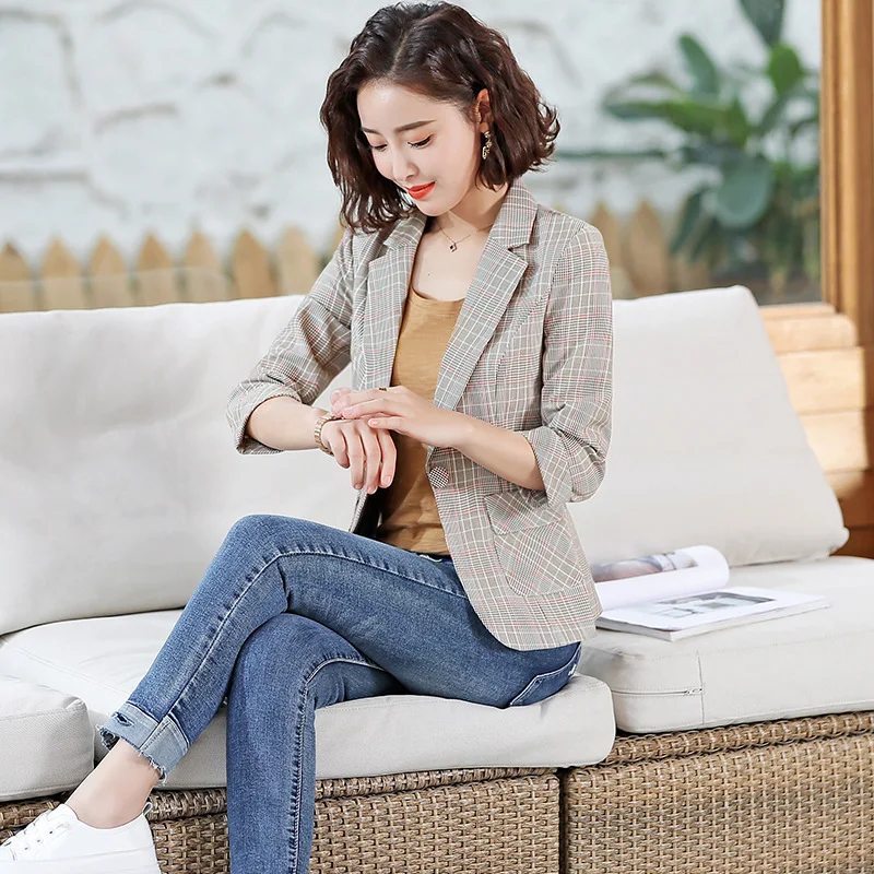 

Spring And Summer New Style Plaid Small Suit WOMEN'S Coat 7 Points Sleeve Short England Coat Korean-style Fashion Western Style