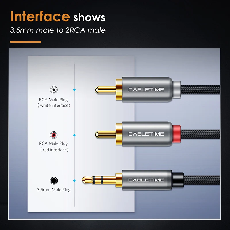 CABLETIME 3.5mm Jack to 2 RCA Cable M/M 3.5 RCA AUX Stereo Cable for DJ Amplifiers Subwoofer Audio Mixer Home Theater DVD C106