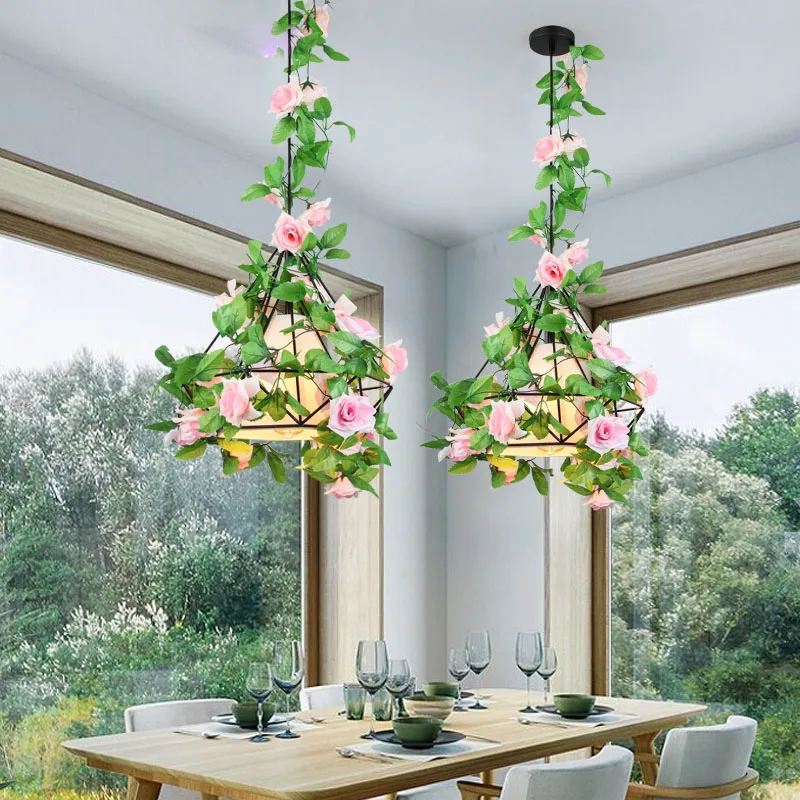 

Vintage Creative Industrial Style Wrought Iron Diamond Shape Pendant Light Cloth E27 Lampshade with Imitate Plant Decoration