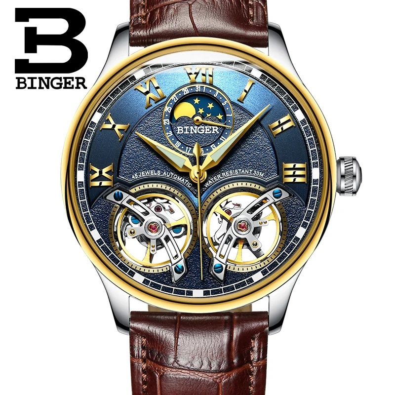 Швейцарские мужские часы, люксовый бренд, BINGER, модные, Montre, двойные Tourbillon, механические часы, мужские, фаза Луны, водонепроницаемые, светящиеся
