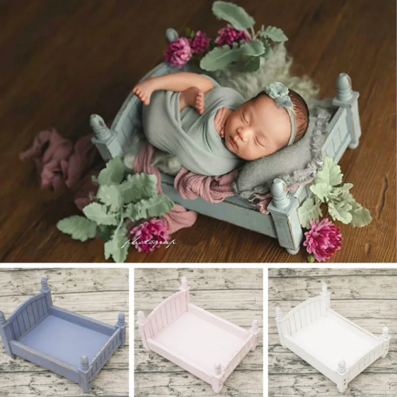 Newborn Photography Props Mini Bed Retro Wooden Bed Baby Shoot Accessories Infant Posing Props Baby Cribs Various Colors