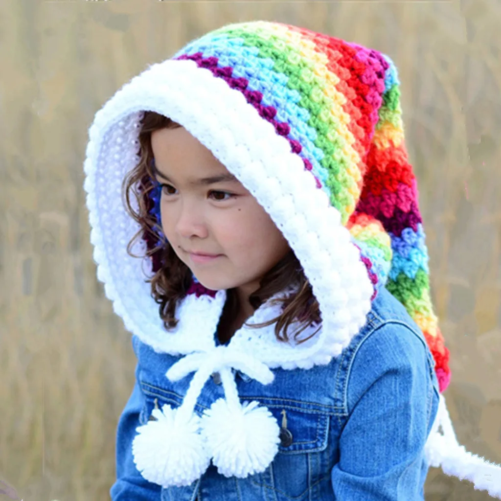 Модная Рождественская зимняя утолщенная детская шапка, вязаная крючком, радужная шапка с длинным хвостом, вязаная Шапочка, czapka zimowa зимняя женская шапка
