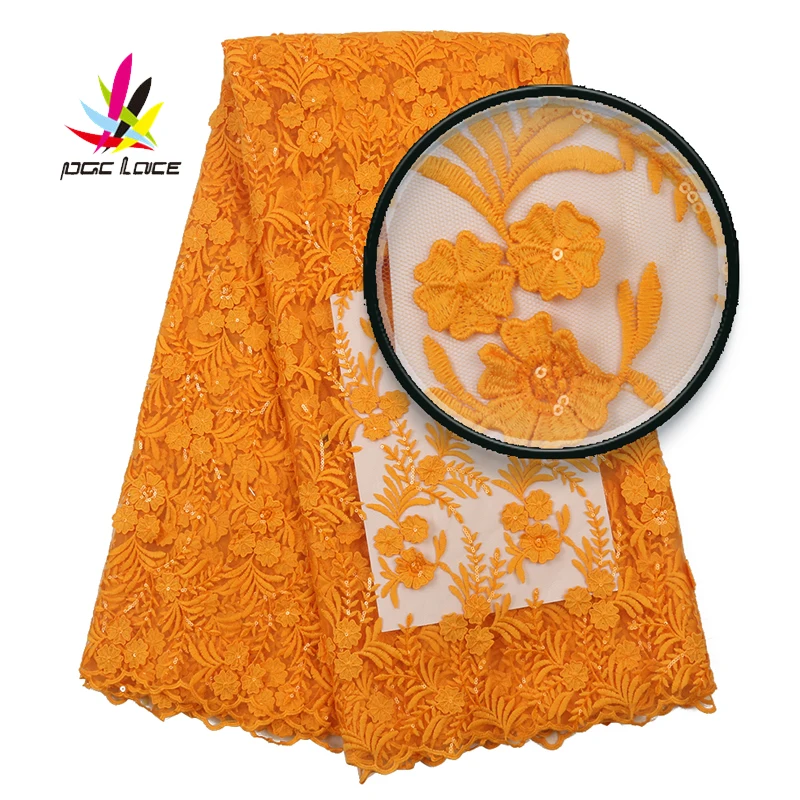 

Embroidery Dress Fabric Orange Lace Nigerian 2019 Tulle Net French Latest African Designs Fashion Design Sequins