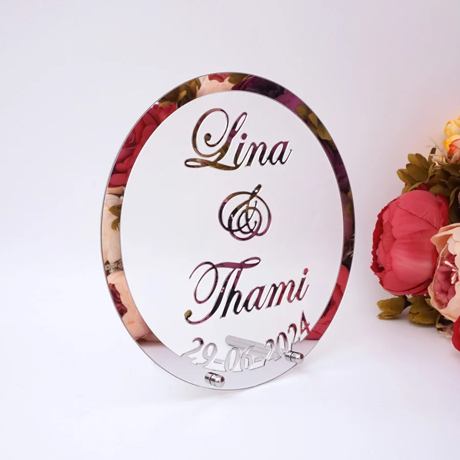 

Custom Wedding Name and Date Personalized Round Mirror Frame Acrylic Babyshower Word Sign Party Decor With Nail Guest Gifts
