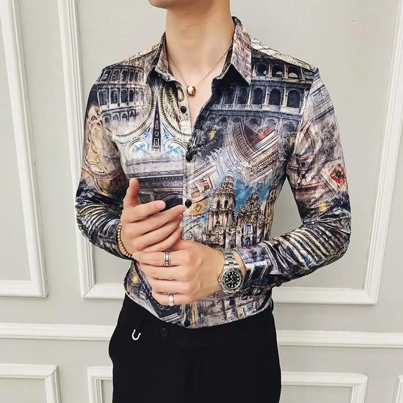 Сорочка d'hiver hommes velours de luxe или imprim Camisas Hombre coupe ajuste Королевский барочный халат