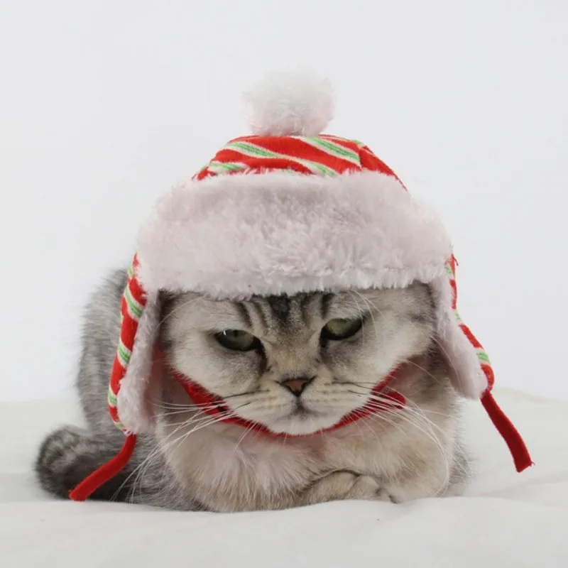 Шляпа для питомца, шапка для кошки в полоску, клетчатая шапка для щенка, теплая супер мягкая зимняя шапка для Рождества