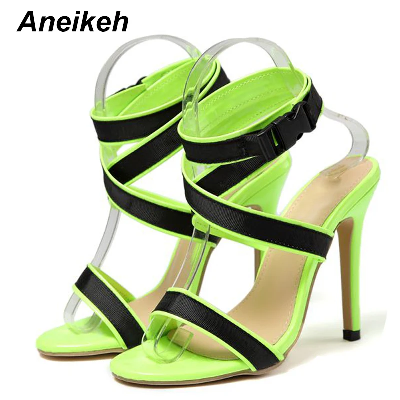 Aneikeh/Летние босоножки; коллекция года; классические сандалии-гладиаторы; люминесцентные Зеленые босоножки; женские вечерние босоножки из искусственной кожи на высоком тонком каблуке с ремешком и пряжкой; размер 35-42; sandalias mujer;