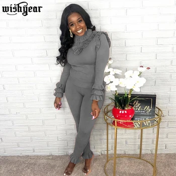 

Ruffle Ribbed Two Piece Set 2020 Spring Autumn Solid Color Turtleneck Long Sleeve Pullover Top +Pencil Pants Fashion Knit Suit