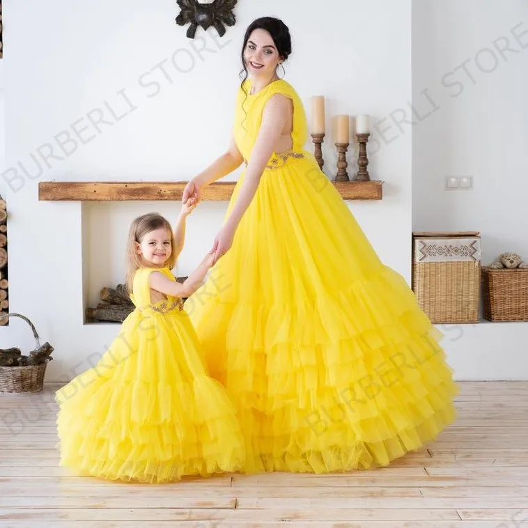 Mother & Kid Yellow Tulle Puffy Dress Ruffled