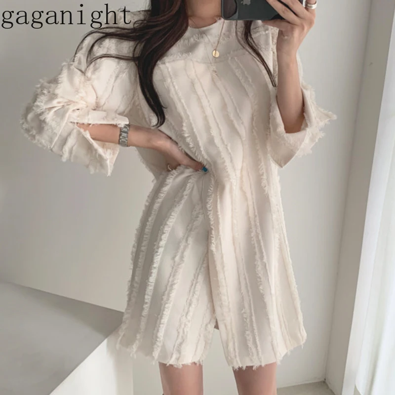 Gaganight элегантное однотонное женское короткое платье с длинным рукавом круглым