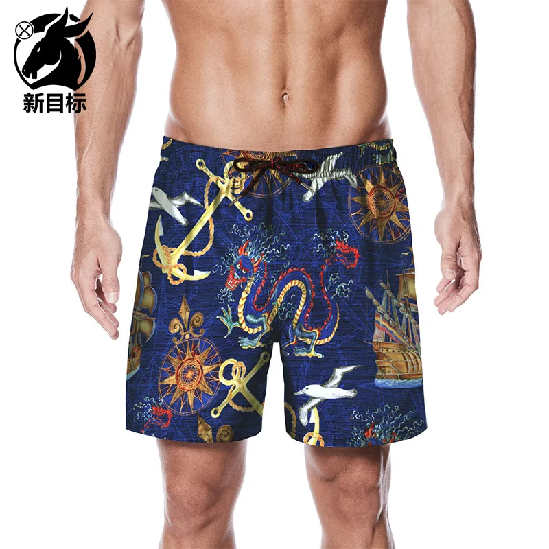 

Summer New Style Shorts Fashion Creative Chart Printed Beach Shorts Peach Skin Large Size Lard-bucket Loose-Fit Swimming Trunks