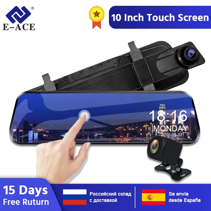 

E-ACE Car DVR 10" Touch Mirror Car Camera 1080P Video Recorder Auto Registrator Streaming Rearview Mirror With Rear View Camera