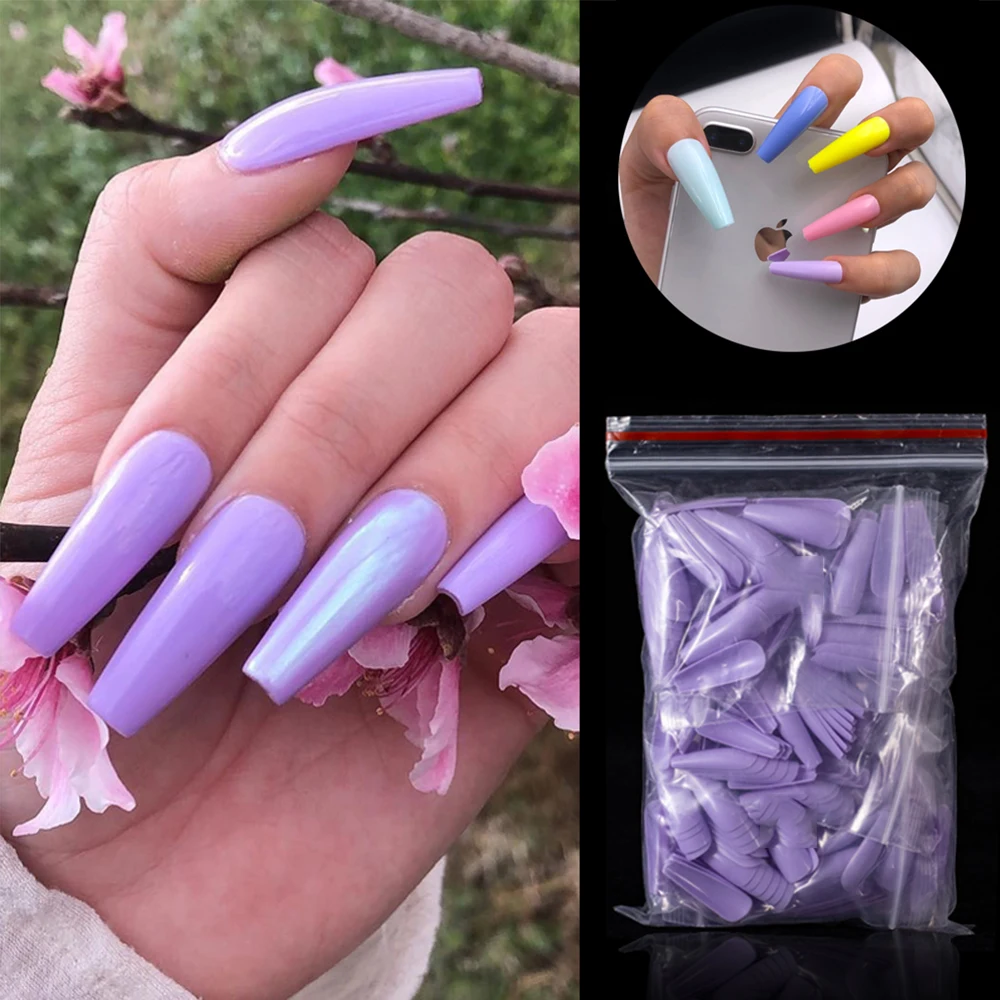 

100pcs Solid Color Plastic Shiny High-Hard Holiday Nails Ballerina Simple Pointed Fake Nail Extension Press on Nails Manicure