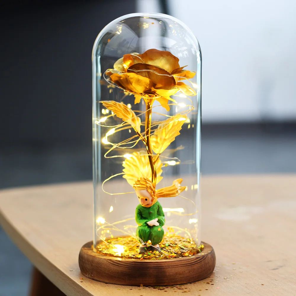 New Valentine's Day Gift LED Light Rose Gold Plated Red Glass Dome Belle And The Beast Roses For Mothers Wedding Party | Дом и сад