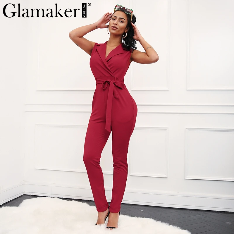 Glamaker элегантный пояс галстук-бабочка соблазнительный комбинезон-ромпер без рукавов с высокой талией костюм пляжного типа Женский v-образный вырез офисный длинный комбинезон
