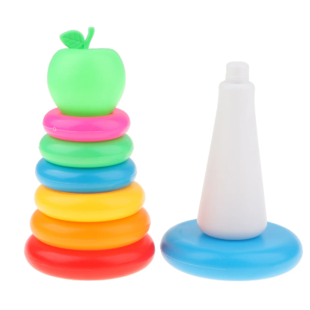 Kids Toddler Early Educational Toy Green Apple with 9 Plastic Rainbow Color Stacking Rings Tower Toy, Bath Tub Play Toy Gift