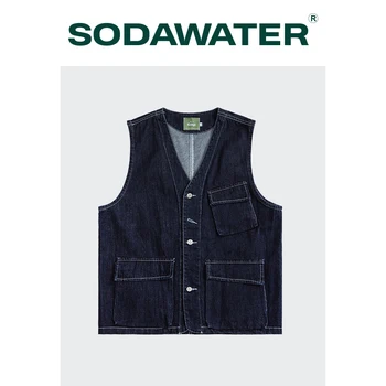 

SODAWATER Harajuku Jeans Vest Men For Autumn 2020 New Multi-Pocket Blue Denim Vest Men Casual Sleeveless Jacket Men Waistcoats