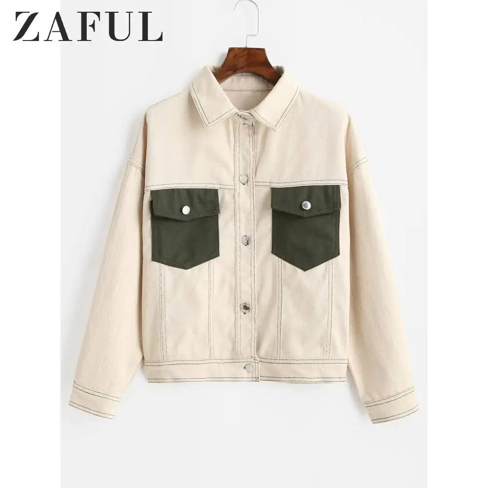 ZAFUL осенняя куртка-рубашка на пуговицах с контрастными карманами и карманами на пуговицах для женщин с широким приталенным воротником, куртки с длинными рукавами