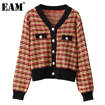 

[EAM] Red Plaid Knitting Short Cardigan Sweater Loose Fit V-Neck Long Sleeve Women New Fashion Tide Autumn Winter 2020 1DC438