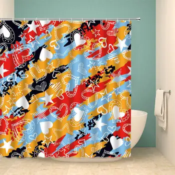 

Colorful Abstract Shower Curtain Heart-Shaped Pentagram Stripe Polyester Bathroom Decoration 70×70 Inch with Hook Hole Black Red