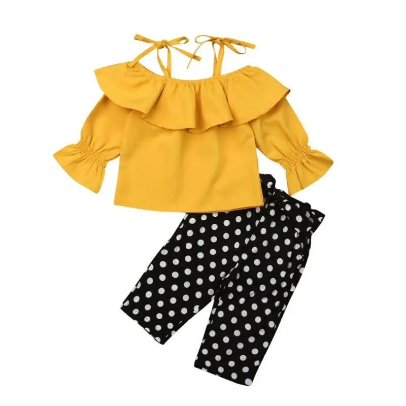 Toddler kid baby Girl Clothes 2020 New Summer 2PCS Girls Outfits Ruffle Tops off shoulder Blouse Polka Dot Pants Set | Мать и ребенок
