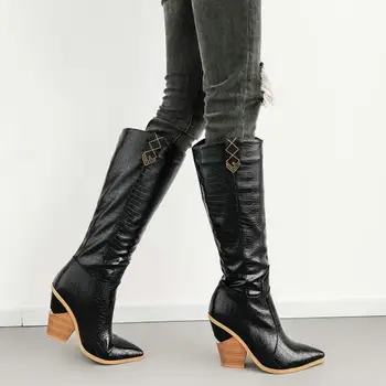 

Drop Shipping Winter Embossed Knee High Boots Women Strange Style High Heel Western Boots Pointed Toe Tall Shoes Autumn Gold