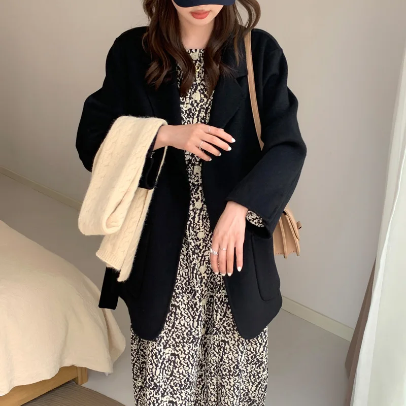2021 Autumn Winter New Double-sided Cashmere Coat Female Korean Style Lace Short Woolen Coat black puffer coat with hood