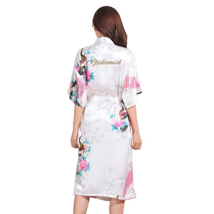 Summer Casual Mid-calf Women Bridesmaid Wedding Robe Exquisite Print Peacock Letter Nightgown Wedding Party Gift Satin Pajamas