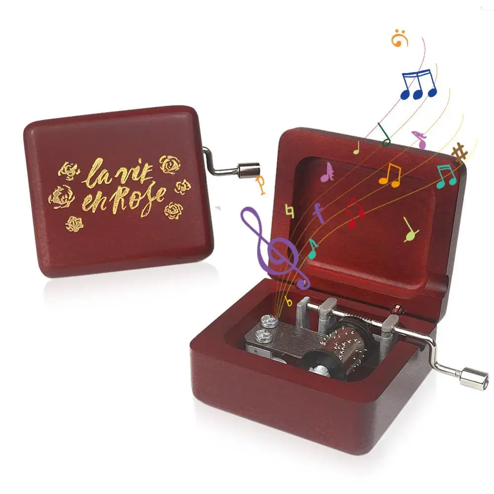 Rosiking Carved wooden hand crank la vie en rose Music Box Red Carved Mechanism Gift For Frends