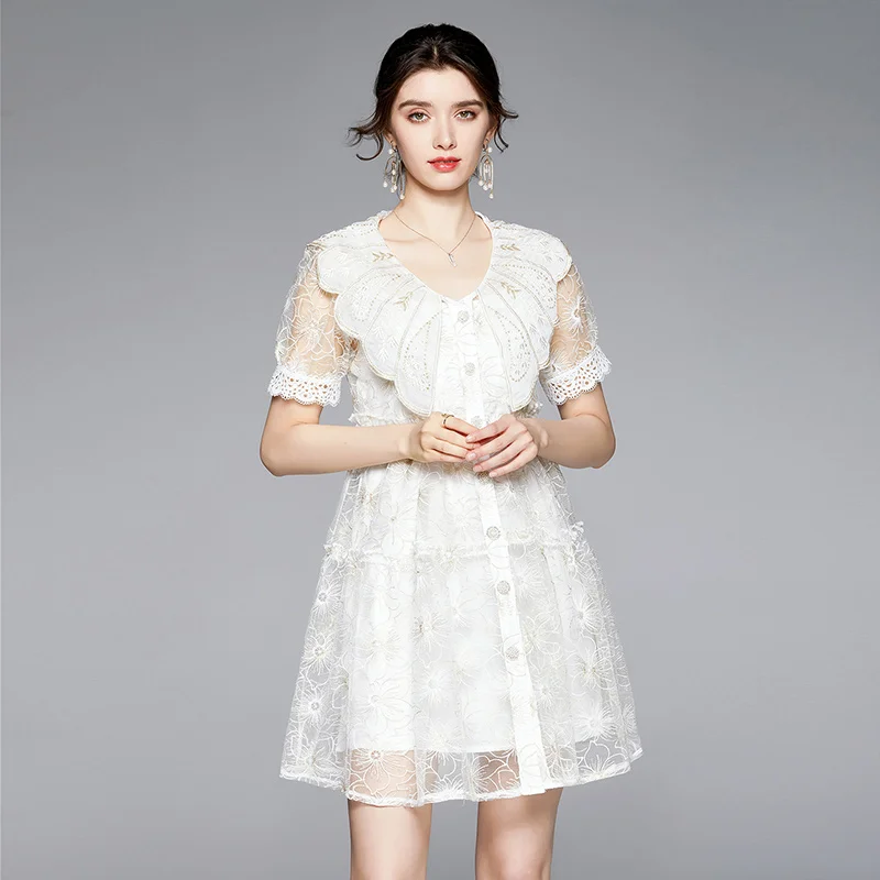 

New Women's Summer Party Dress French College Style Lotus Leaf Collar Solid Embroidered Lace Short Dress New Female Dresses