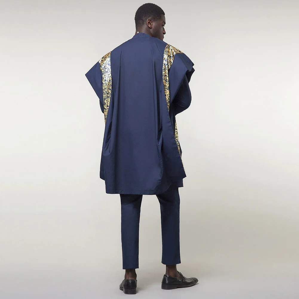 Fadzeco Agbada 2019 мужские африканские 3 шт плюс размер Дашики синяя вышивка Doudou Топы с коротким рукавом Брюки мужские s одежда халат Базен